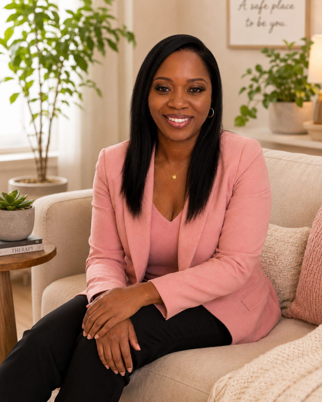 Edlyne Thelusma, licensed counselor, seated in a warm therapy office